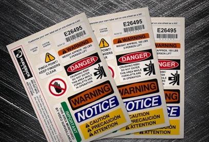 Sheet of Industrial Safety Labels featuring OSHA and ANSI-compliant warnings, including danger, caution, and notice signs for workplace and equipment safety.
