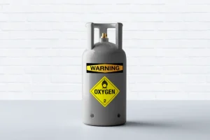Oxygen tank with warning labels