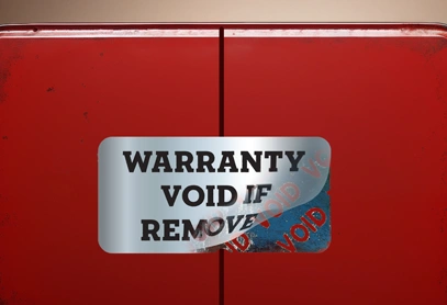 Void label partially removed showing “WARRANTY VOID IF REMOVED” message on red surface